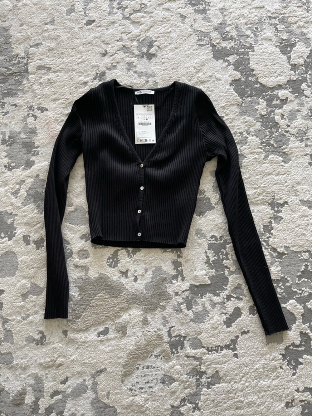 Zara Black Ribbed V-Neck Button-Up Cardigan